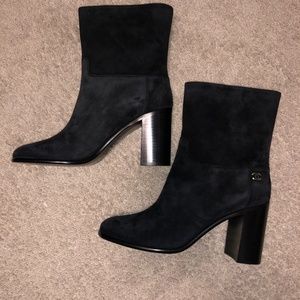 CHANEL SHORT BLACK SUEDE BOOTS  WITH STACKED 4 inch heel